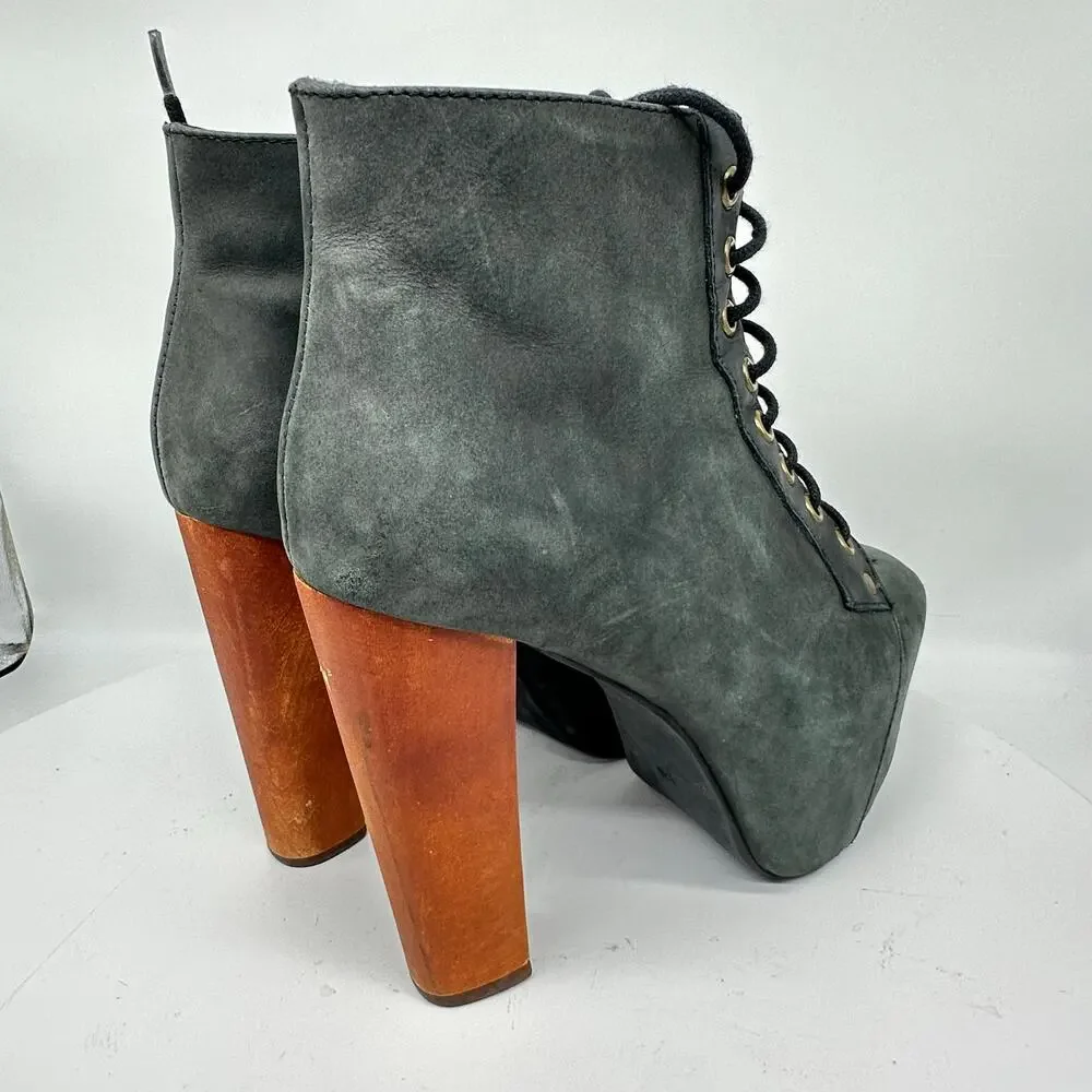 Jeffrey Campbell Lita Chunky Platform Gray Wooden Heel Leather Bootie Size 6.5